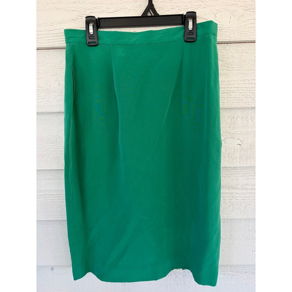 100% Silk Emerald Green Pencil Skirt Size 8 Midi Skirt Lined - Picture 2 of 9